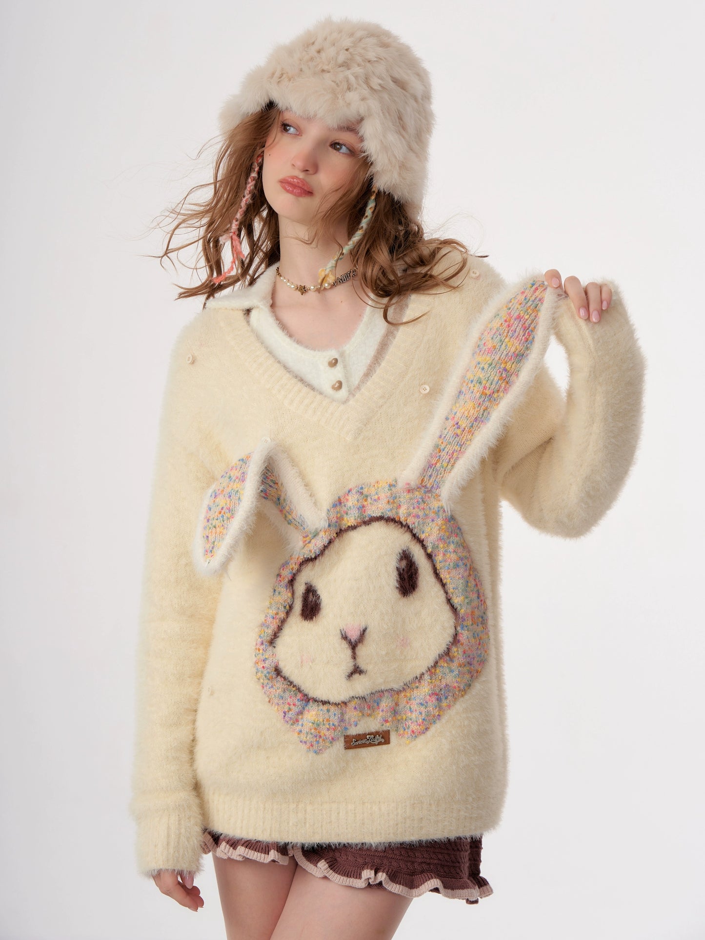 Apricot Rabbit V-neck Sweater | Soft Waxy Retro Knit Vest for Autumn/Winter