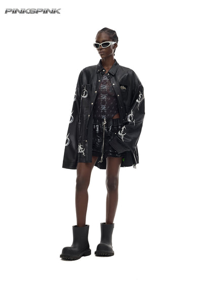 Electric Moon Mirror Concept PU Leather Y2K Jacket