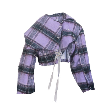 Cape Style Lace-Up Plaid Woolen Short Jacket T355