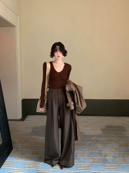 High-Waisted Wide-Leg Straight Pants – Hong Kong Retro Autumn Minimal