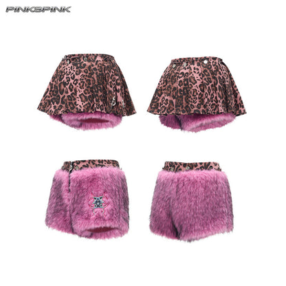 Detachable Pink Leopard Fur Y2K Mini Skirt / Pants Hybrid