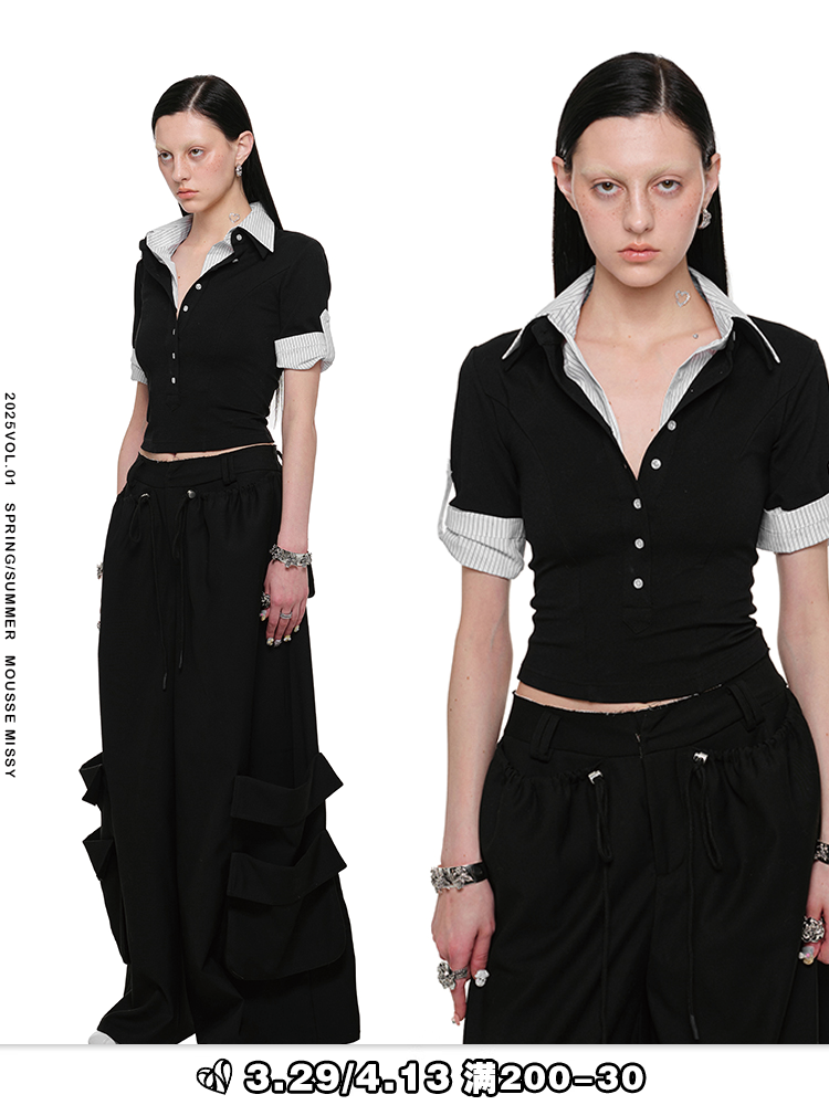 Fake Two-Piece Deep V Polo Tee – Cropped Slim Short Sleeve