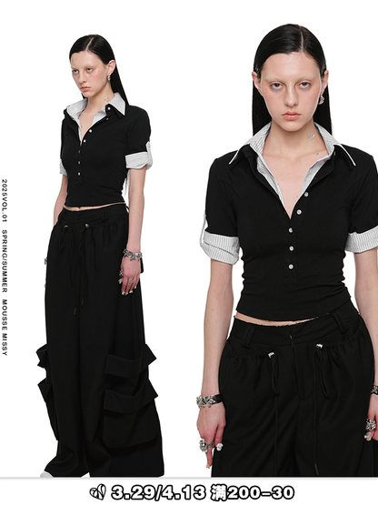 Fake Two-Piece Deep V Polo Tee – Cropped Slim Short Sleeve