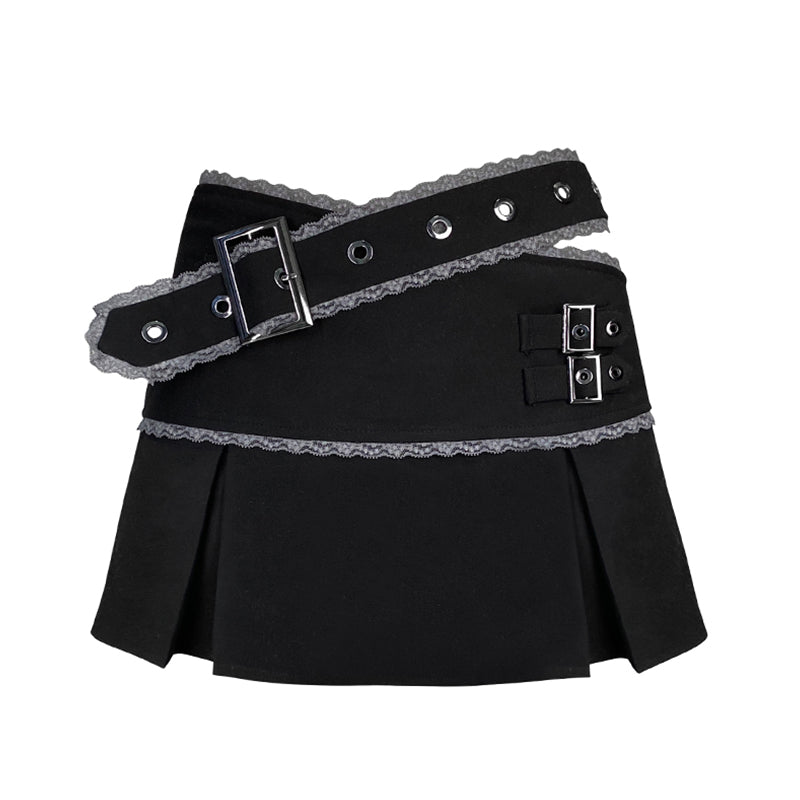 Hollow Waist Lace Panel Black Pleated Skirt