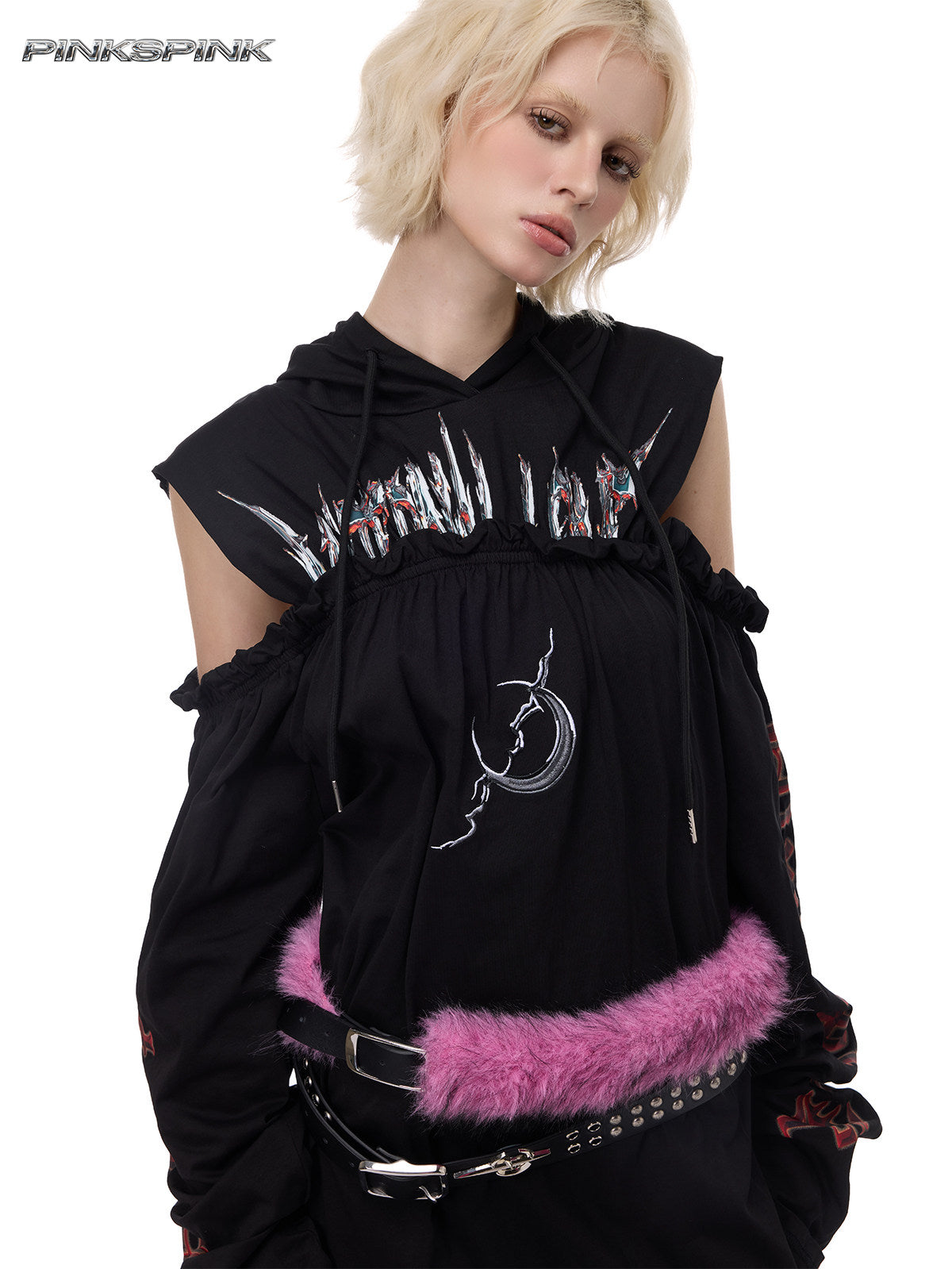 Electric Moon Reconstructed Off-Shoulder Hooded Y2K Sweatshirt