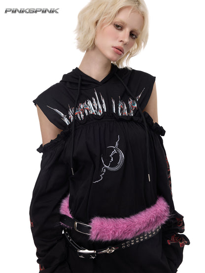 Electric Moon Reconstructed Off-Shoulder Hooded Y2K Sweatshirt