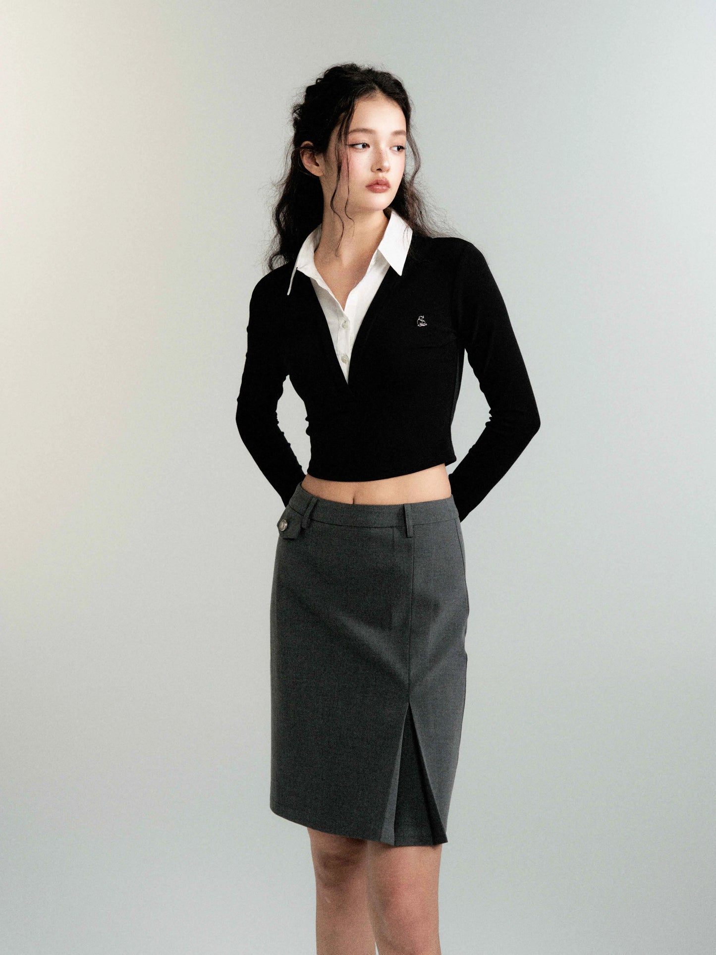 Faux Two-Piece Shirt Collar Slim Knitwear (Office Lady Style)