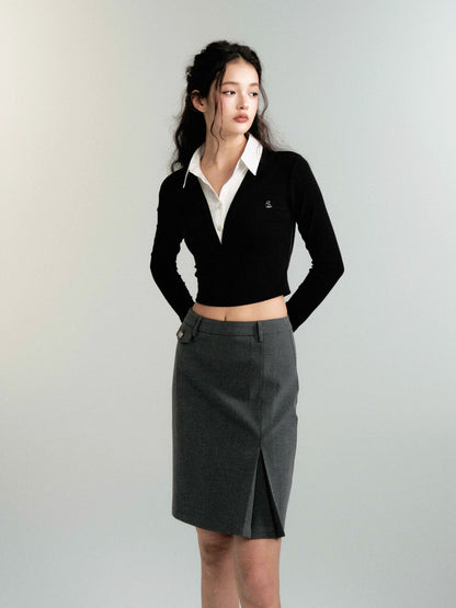Faux Two-Piece Shirt Collar Slim Knitwear (Office Lady Style)