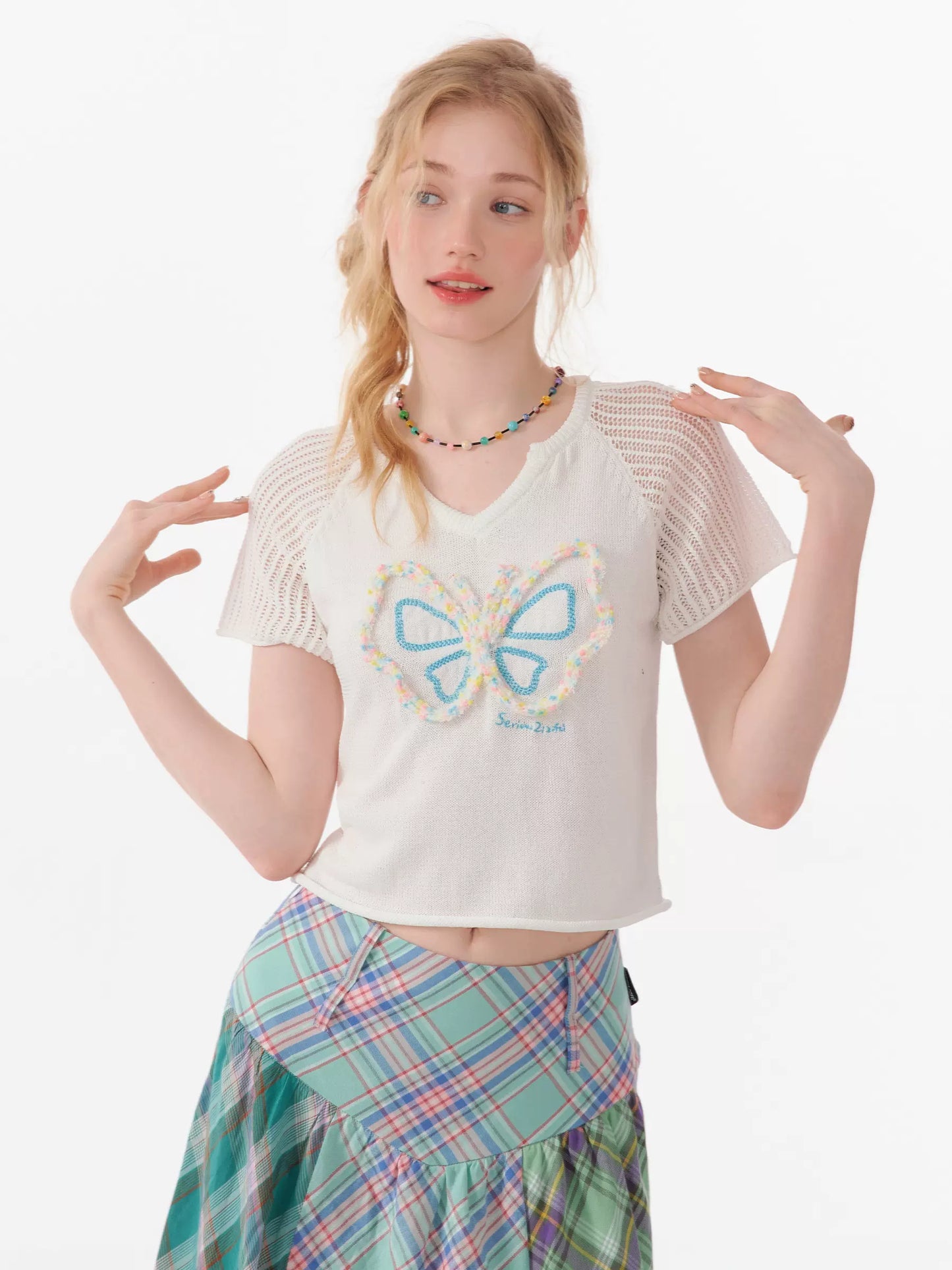 Camiseta de manga raglán con cuello en V y mariposa Diseño retro de punto hueco para el verano