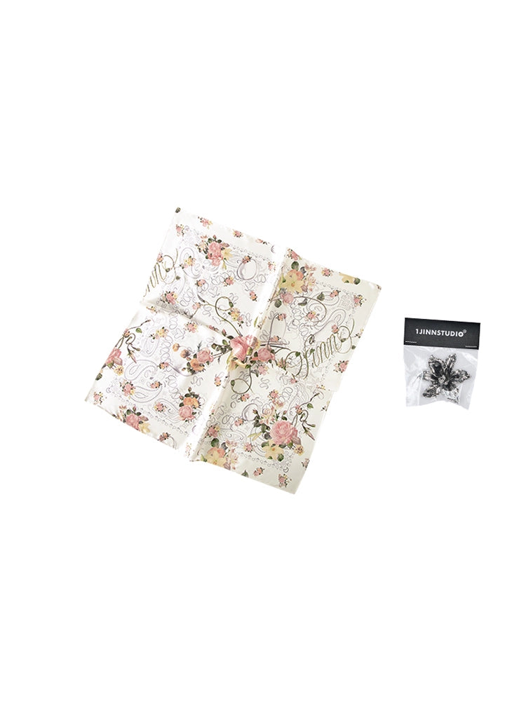 original design print floral satin square neck headscarf vintage skin-friendly thin silk scarf