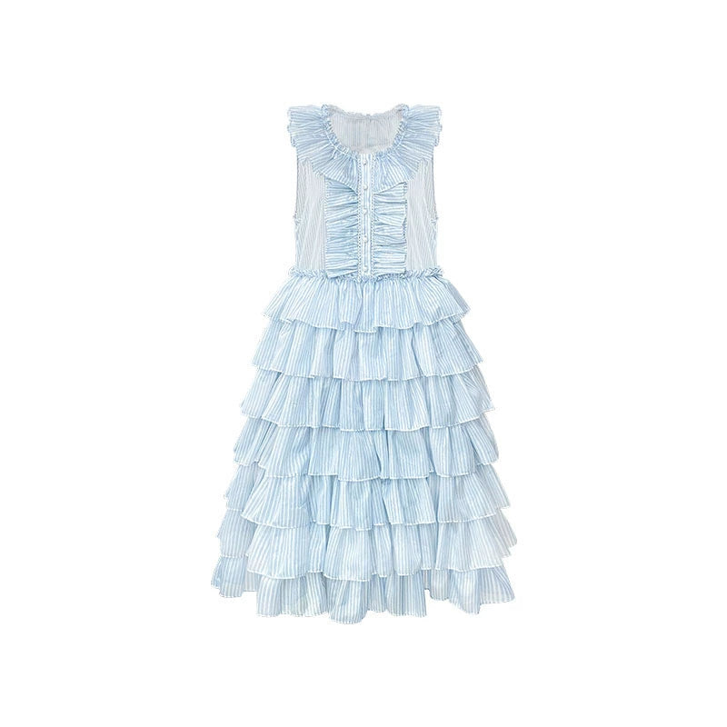 Diseño original Azul Blanco Raya vertical Cuello de encaje Falda larga de pastel Vestido sin mangas esponjoso