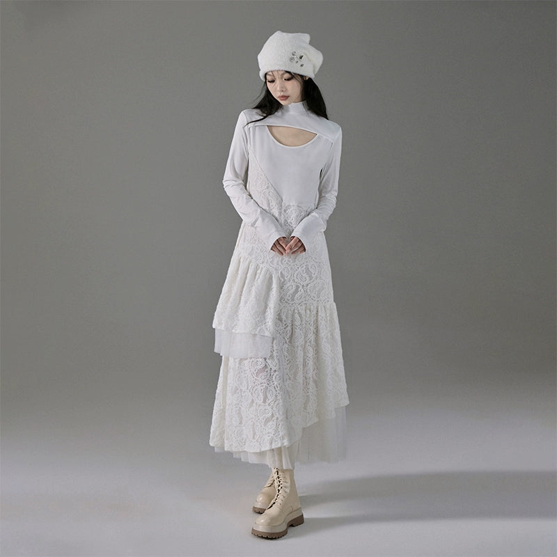 White Gardenia Jasmine Asymmetric Jacquard Long Dress