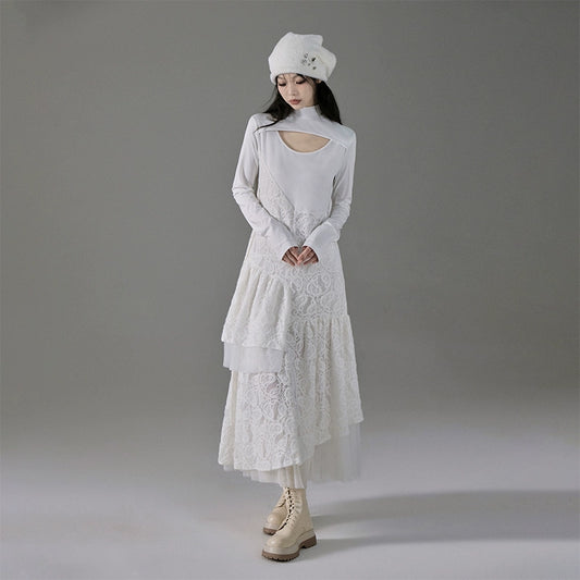 White Gardenia Jasmine Asymmetric Jacquard Long Dress