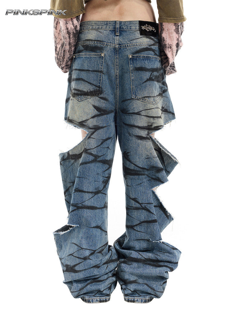 Layered Distressed Graffiti Low-Rise Unisex Y3K Jeans