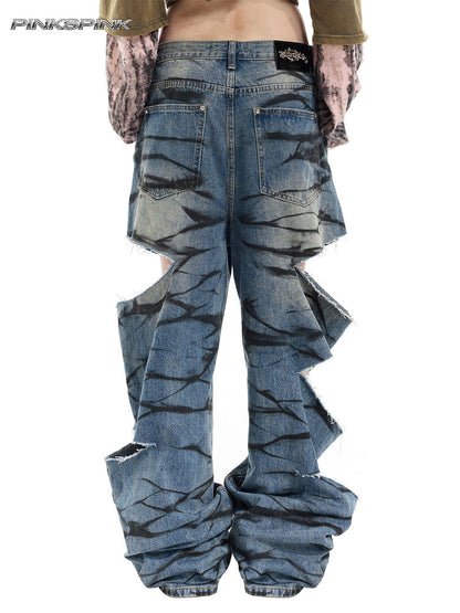 Layered Distressed Graffiti Low-Rise Unisex Y3K Jeans