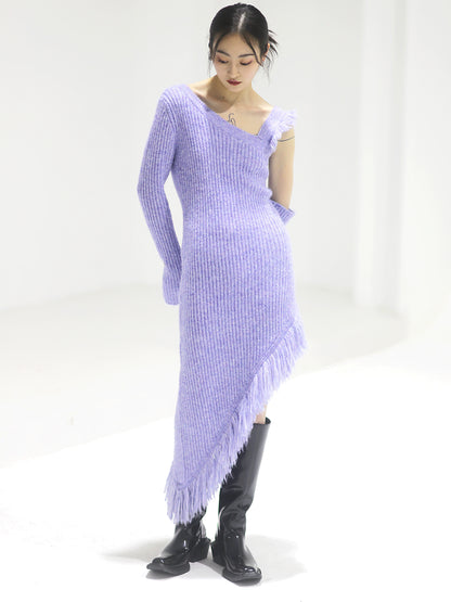 Violet Slant Shoulder Tassel Knit Sweater Dress