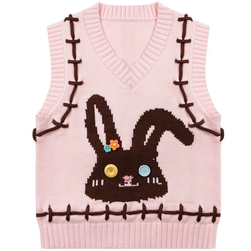 Rabbit Pink V-neck Sweater Vest | Retro Soft Knit Design for Autumn/Winter