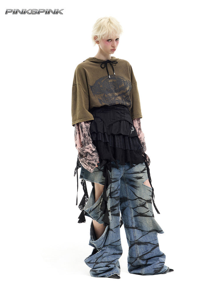 Layered Distressed Graffiti Low-Rise Unisex Y3K Jeans