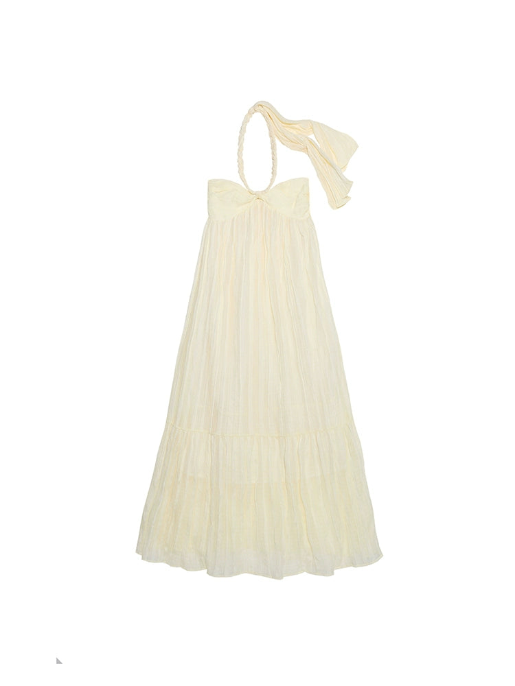 Original Light Yellow Handmade Knitted Neck Pleated Dress