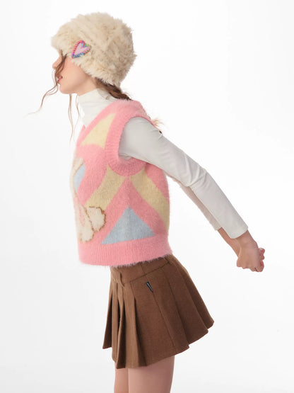 Pink Rabbit Love Knitted Tank Top | Retro V-neck Sweater for Autumn/Winter