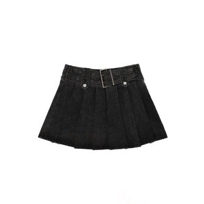 Falda plisada vaquera con cintura ancha y hardware cuadrado para mujer, nueva falda acampanada retro adelgazante de cintura alta