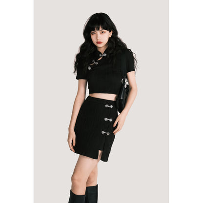 Summer Qipao Two-Piece Set - Knit & Metallic Buckle