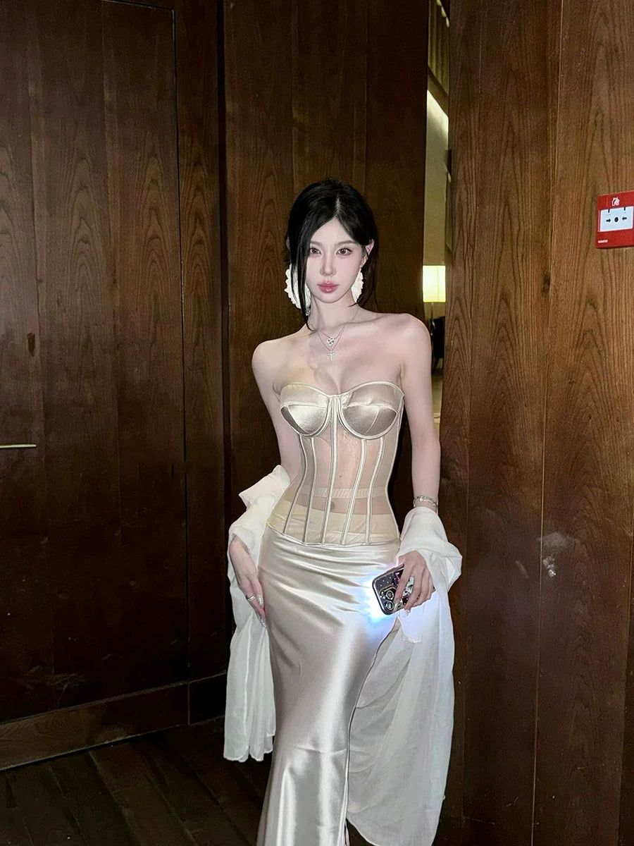 Celebrity Bandeau Dress – Luxe Herringbone Hip-Wrap Party Gown