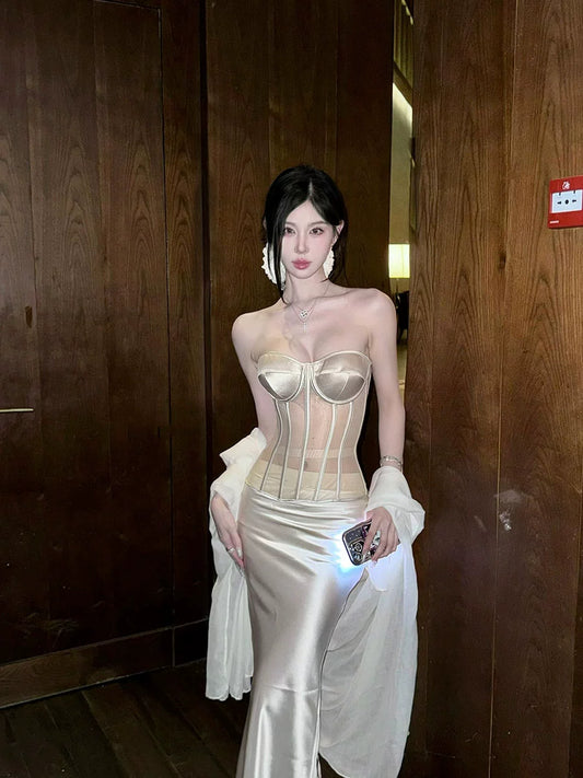 Celebrity Bandeau Dress – Luxe Herringbone Hip-Wrap Party Gown