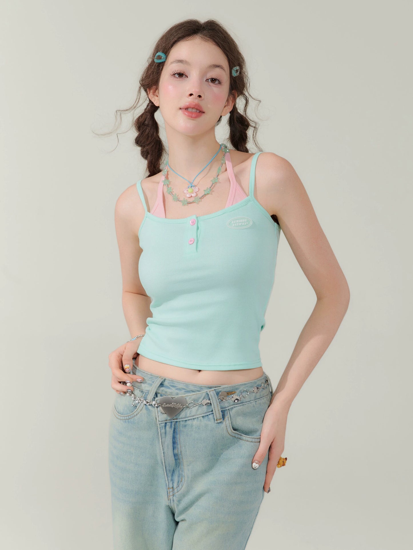 Spicy Girl Fake Two-Piece Top | Contrast Color Strap Sleeveless Retro Design