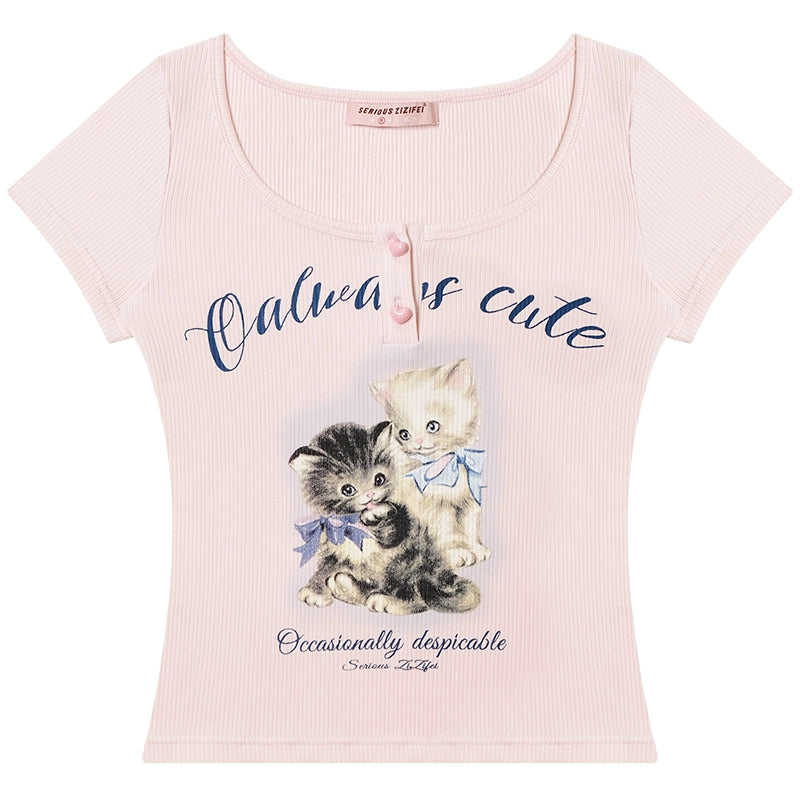 Camiseta ajustada con estampado de gato Diseño retro de media manga para el verano