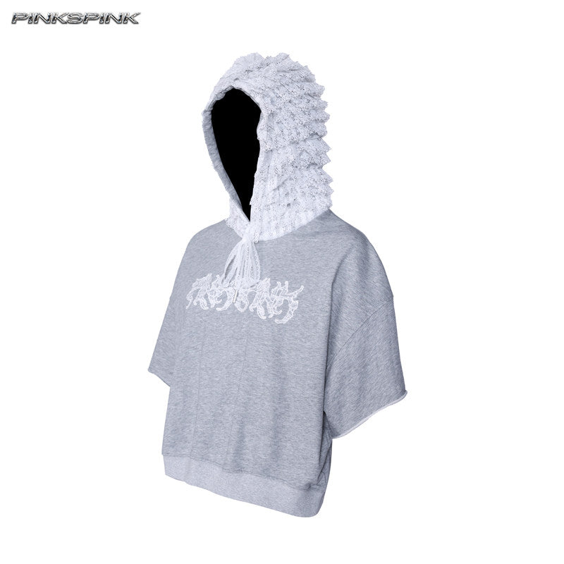 Lace-Trim Hooded Backless Punk Ballet Sporty Y2K Tee