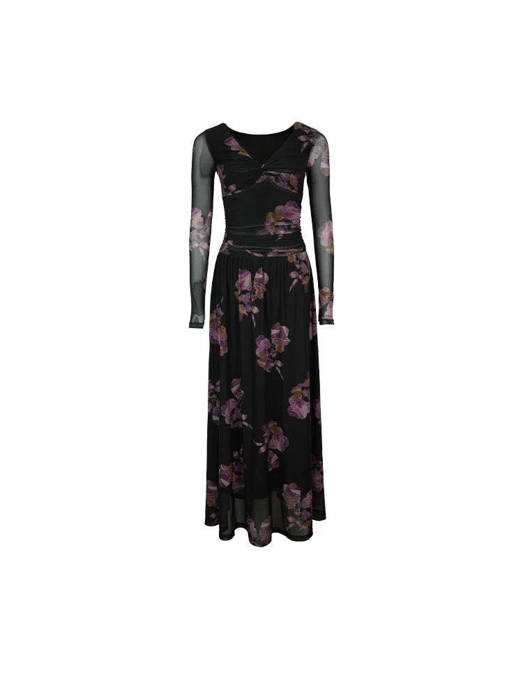 French V-Neck Printed Long Dress