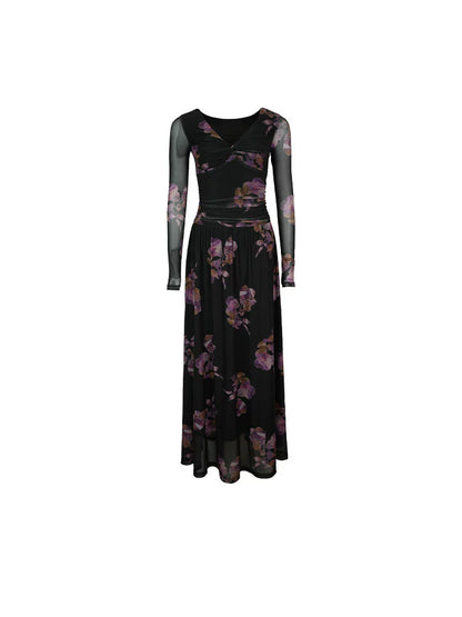 French V-Neck Printed Long Dress