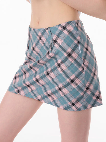 Pink & Blue Plaid A-Line Skirt | Retro High Waist Slim Fit for Summer