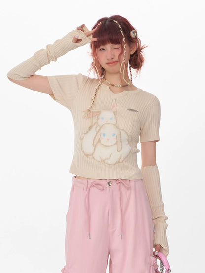 Slim Fit Rabbit Short Sleeve T-shirt | Spicy Girl Knitted Design for Spring/Summer