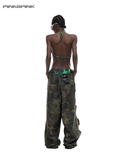 Camouflage Painted Distressed Low-Rise Unisex Y3K Jeans