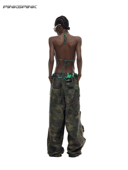 Camouflage Painted Distressed Low-Rise Unisex Y3K Jeans