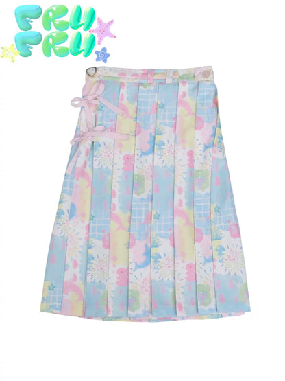 Gollum Store Original cartoon dolphin cute girl powder blue print pleated midi skirt for spring and summer