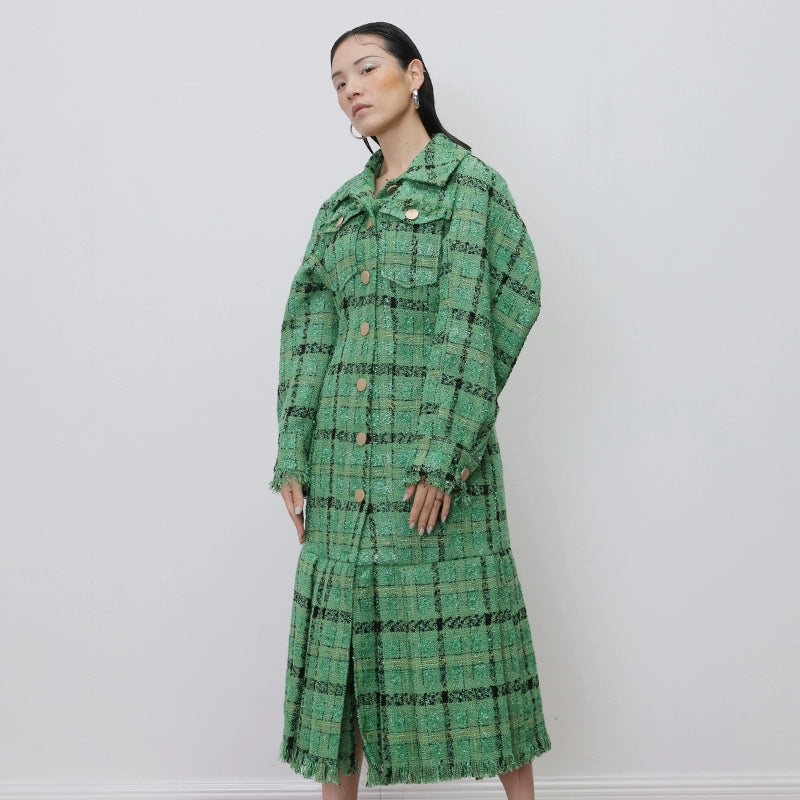 Checkered Waist Pleated Hem Coat D413