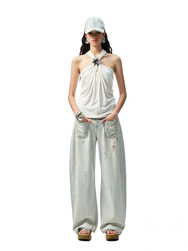 Shirred Neck Halterneck Sleeveless Top – Acetate Camisole with Buttons