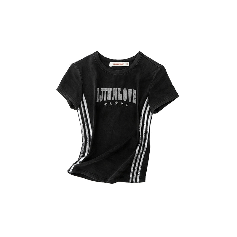 Distressed Crewneck Striped T-Shirt – Vintage Washed Slim Fit Short Sleeve