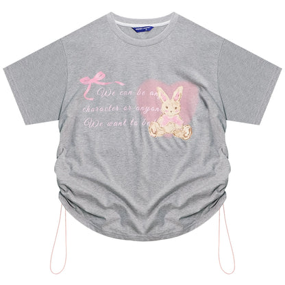 Love Rabbit Printed Drawstring T-shirt | Loose Round Neck Design for Summer