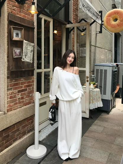 White Off-Shoulder Sweatshirt Set - Hong Kong Style Two-Piece Chic