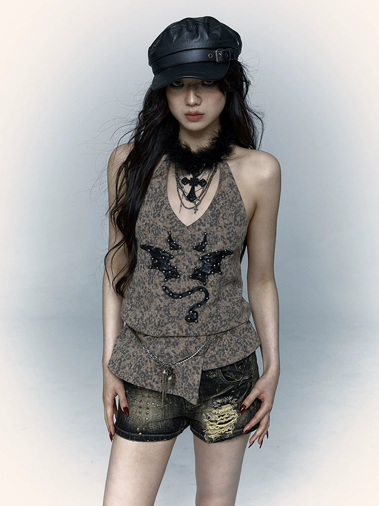 Leopard Print Rivet Halter Vest | Retro Punk Devil Embroidery Design