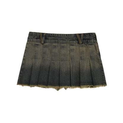Wasteland Style Denim Pleated Skirt
