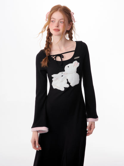 Plush Rabbit Knit Dress | Slim Fit Retro Long Sleeve for Autumn/Winter