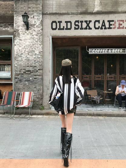 [Argentine Soccer] Striped Off-Shoulder Long Sleeve T-Shirt - Autumn Style