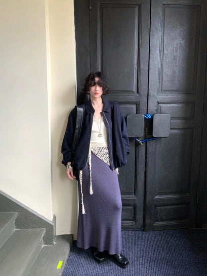 Navy Zip-Up Cropped Jacket – Hong Kong Retro Autumn Casual Outerwear