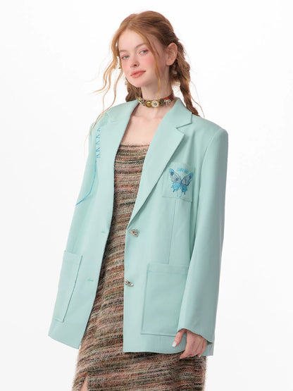 Butterfly Embroidery Oversized Suit Coat | Retro Casual Set for Spring/Autumn