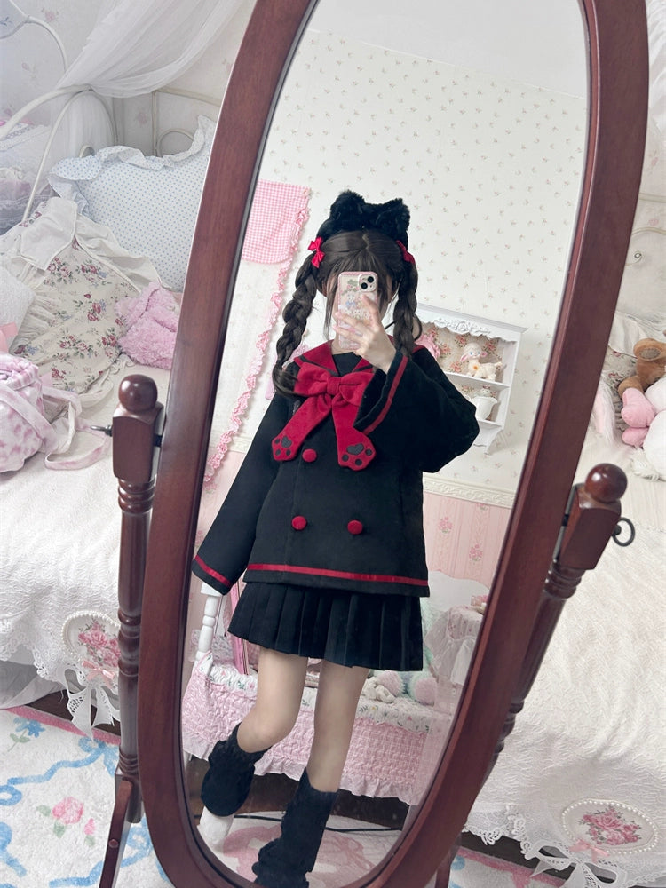 Black Cat Kindergarten 3D Cat Paw Halloween Sailor Tweed Jacket